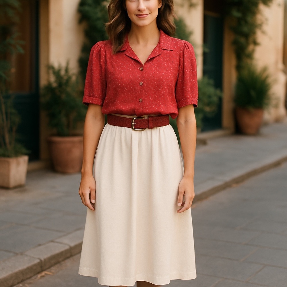 70s SUNSHINE VALLEY RED FLORALSHORT SLEEVE TOP W A TEXTURE A-LINE SKIRT SZ 14